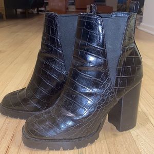 Black leather snake skin booties, lightly worn ~2.5-3 inch heel